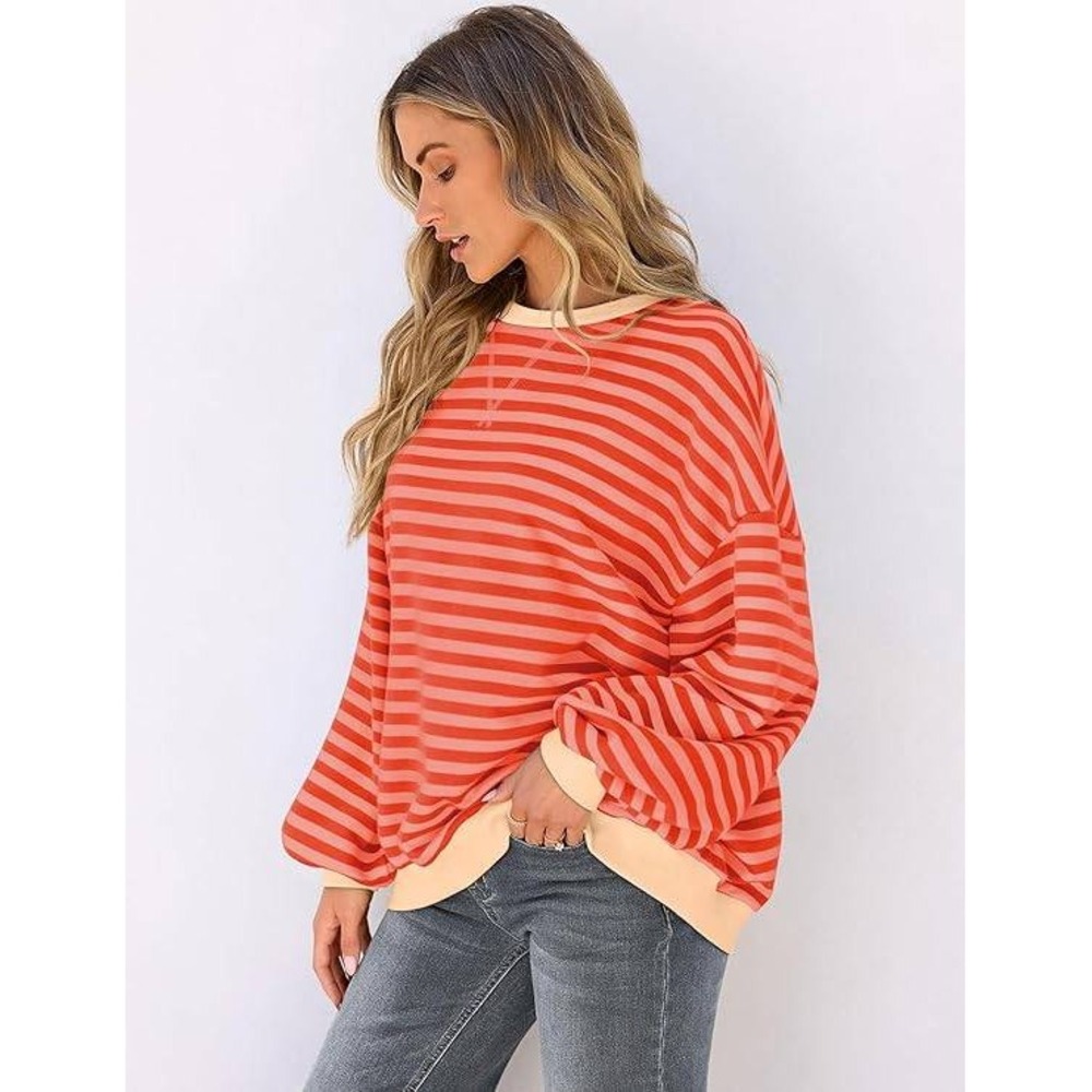 Striped Oversized Pullover Sweatshirt Red Pink Cream Size M
